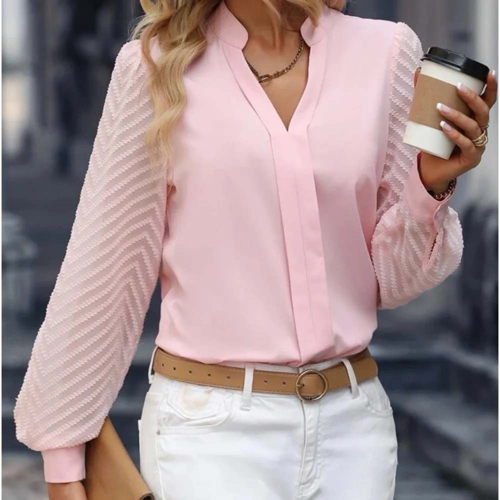 New pink notched neck long sleeve blouse - Picture 3 of 8